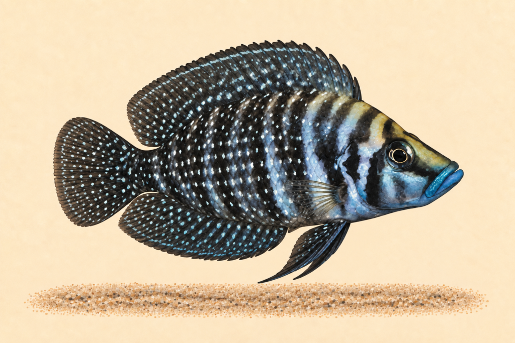 Natural-history-style illustration of the Black Calvus Cichlid (Altolamprologus calvus).