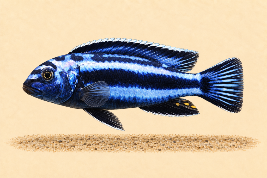 Natural-history-style illustration of the Electric Blue Maingano Cichlid (Melanochromis cyaneorhabdos).