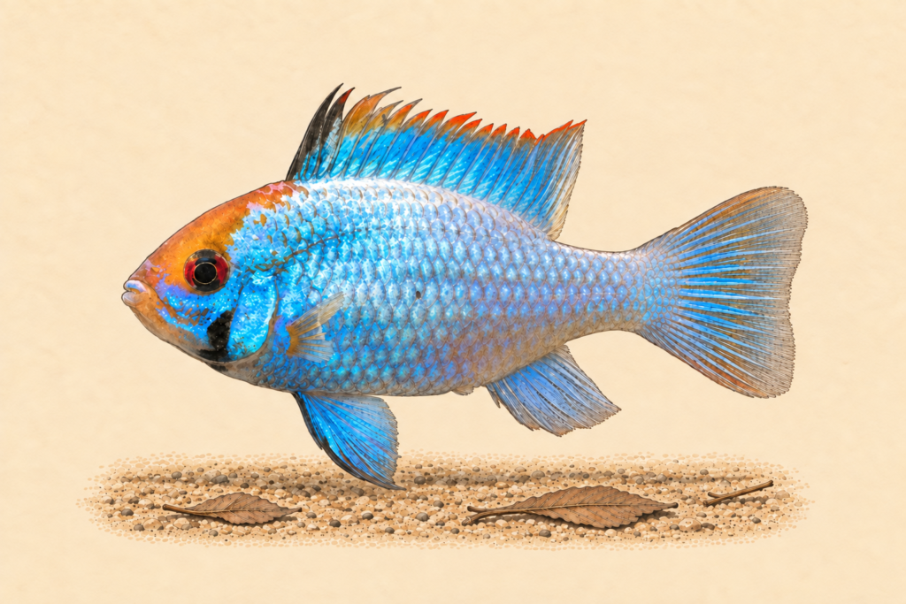 Natural-history-style illustration of the Electric Blue Ram (Mikrogeophagus ramirezi var. Electric Blue).