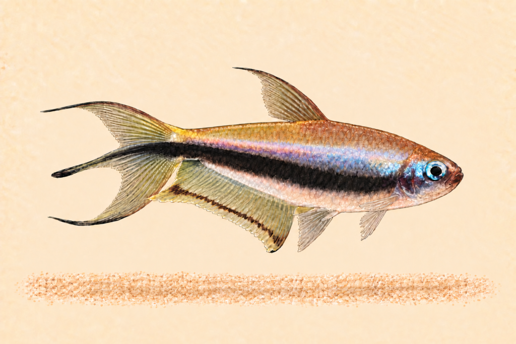 Natural-history-style illustration of the Emperor Tetra (Nematobrycon palmeri).