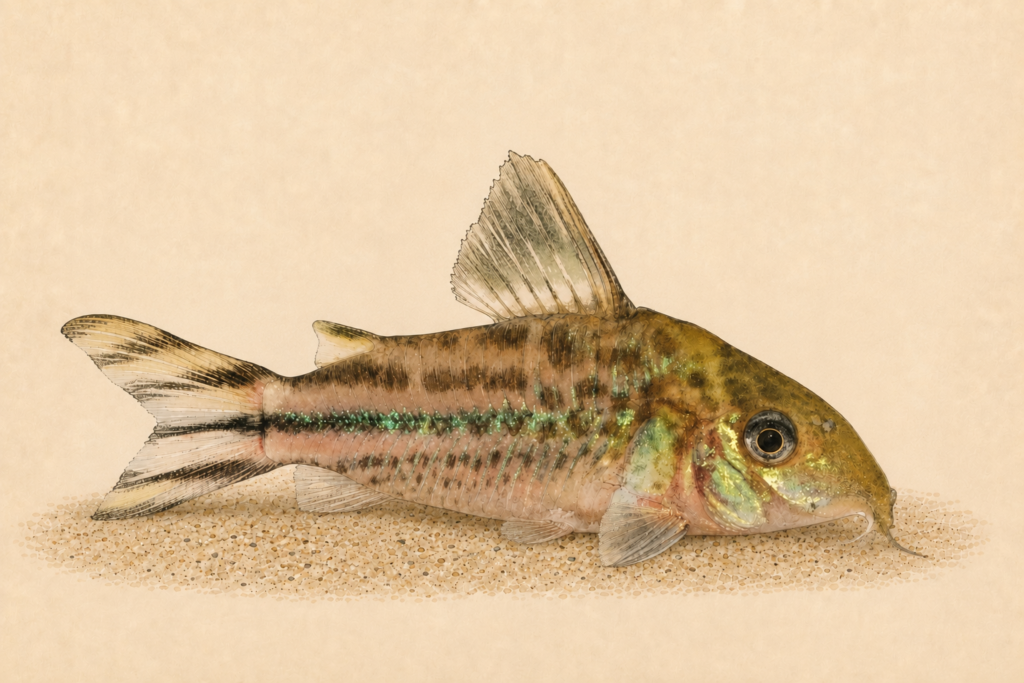 Natural-history-style illustration of the Flagtail Corydoras (Brochis robineae).