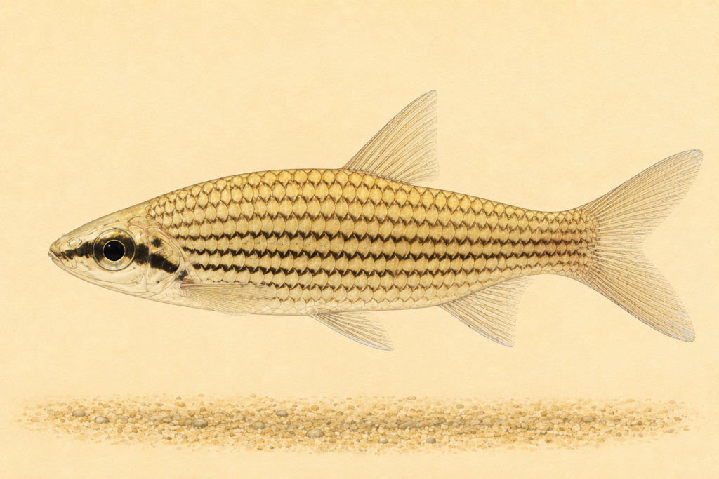 Natural-history-style illustration of the Golden Mascara Tetra (Cyphocharax multilineatus).