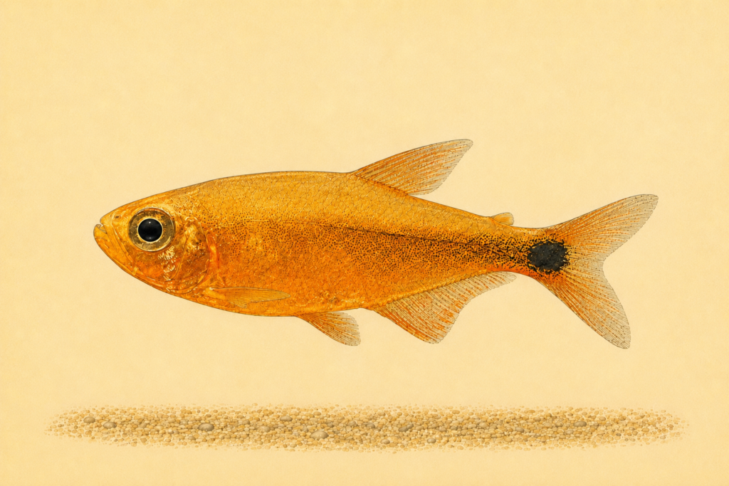 Natural-history-style illustration of the Golden Tetra (Hyphessobrycon moniliger).