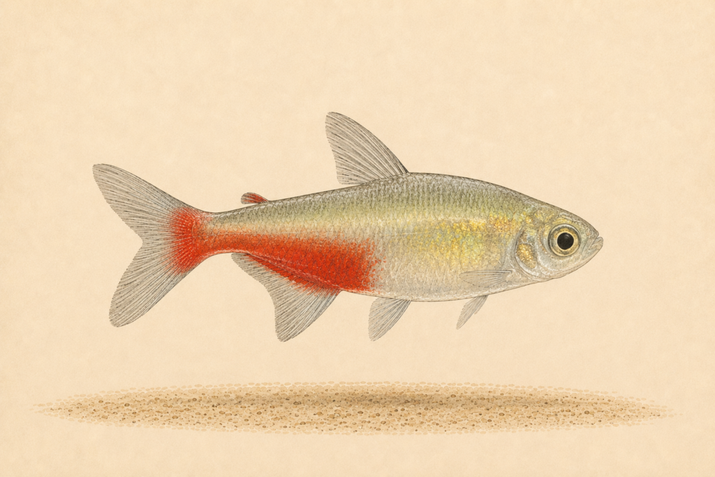 Natural-history-style illustration of the Green Fire Tetra (Aphyocharax rathbuni).
