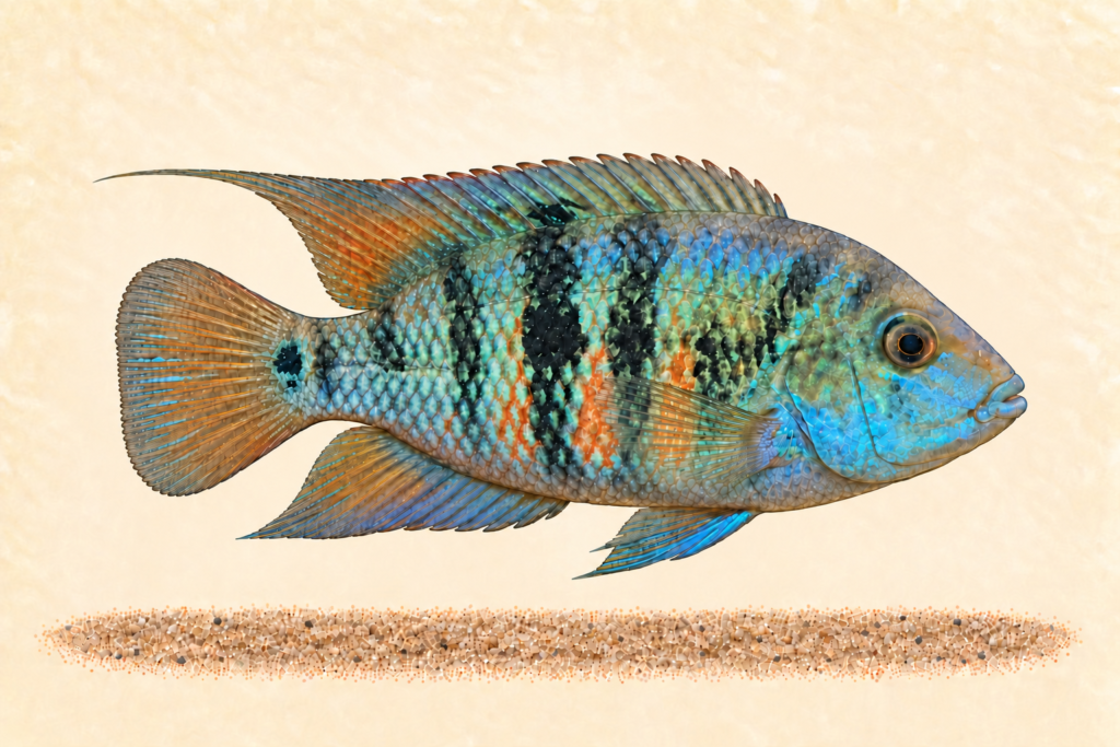 Natural-history-style illustration of the Honduran Red Point Cichlid (Amatitlania sp. "Honduran Red Point").