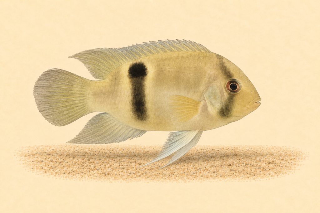 Natural-history-style illustration of the Keyhole Cichlid (Cleithracara maronii).