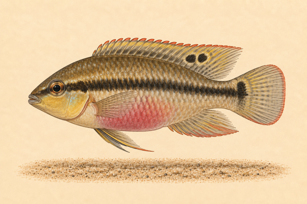 Natural-history-style illustration of the Kribensis Cichlid (Pelvicachromis pulcher).