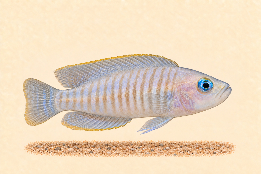 Natural-history-style illustration of the Multifasciatus Shell Dweller (Neolamprologus multifasciatus).