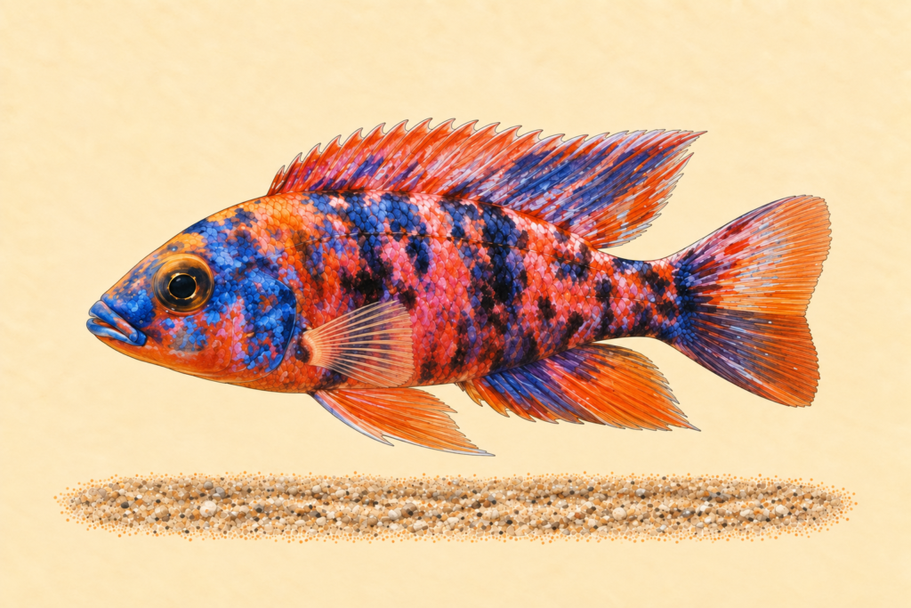 Natural-history-style illustration of the OB Peacock Cichlid (Aulonocara sp. OB (hybrid)).