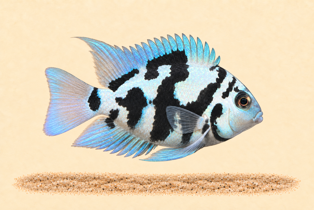 Natural-history-style illustration of the Polar Parrot Cichlid (Amphilophus citrinellus × Amatitlania nigrofasciata (hybrid)).