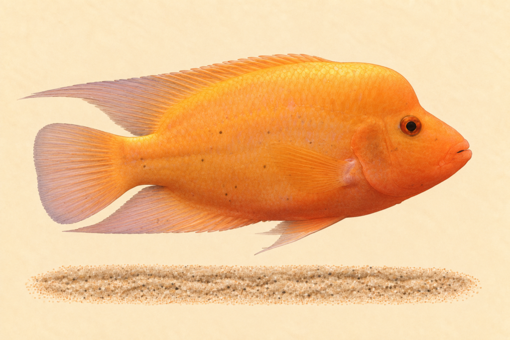 Natural-history-style illustration of the Red Devil Cichlid (Amphilophus labiatus).
