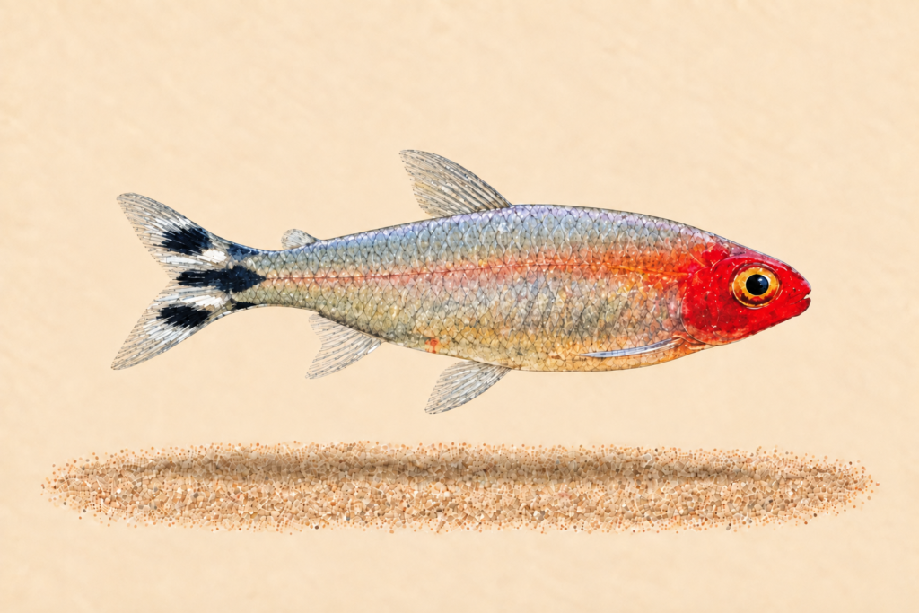 Natural-history-style illustration of the Rummy Nose Tetra (Hemigrammus rhodostomus).