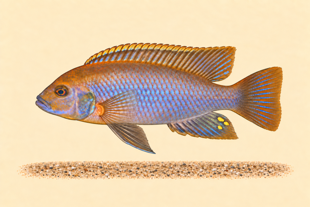 Natural-history-style illustration of the Rusty Cichlid (Iodotropheus sprengerae).