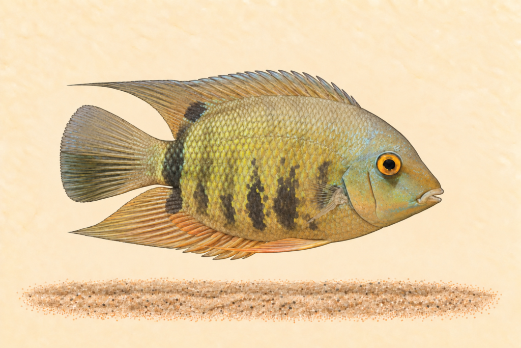 Natural-history-style illustration of the Severum (Heros efasciatus).